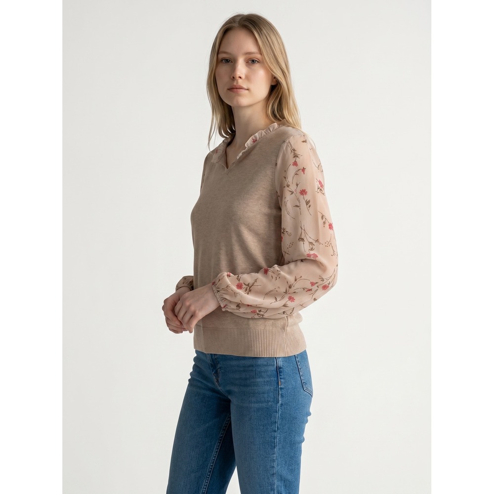 Siani Milano Womens Tan Floral Sheer Balloon Sleeve Ruffle Neck Sweater Top M